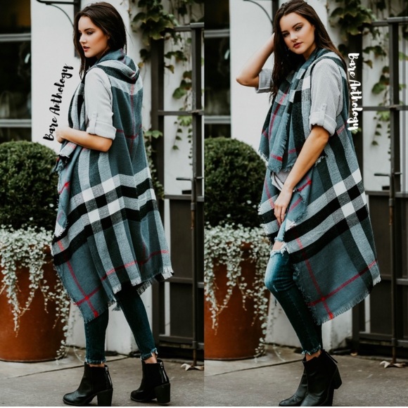 Cozy plaid open front loose knit long vest - Picture 4 of 4